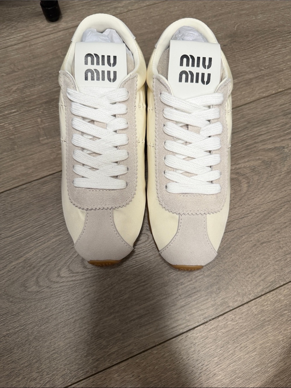 Miu Miu Cream and Light Gray Leather & Suede Sneakers